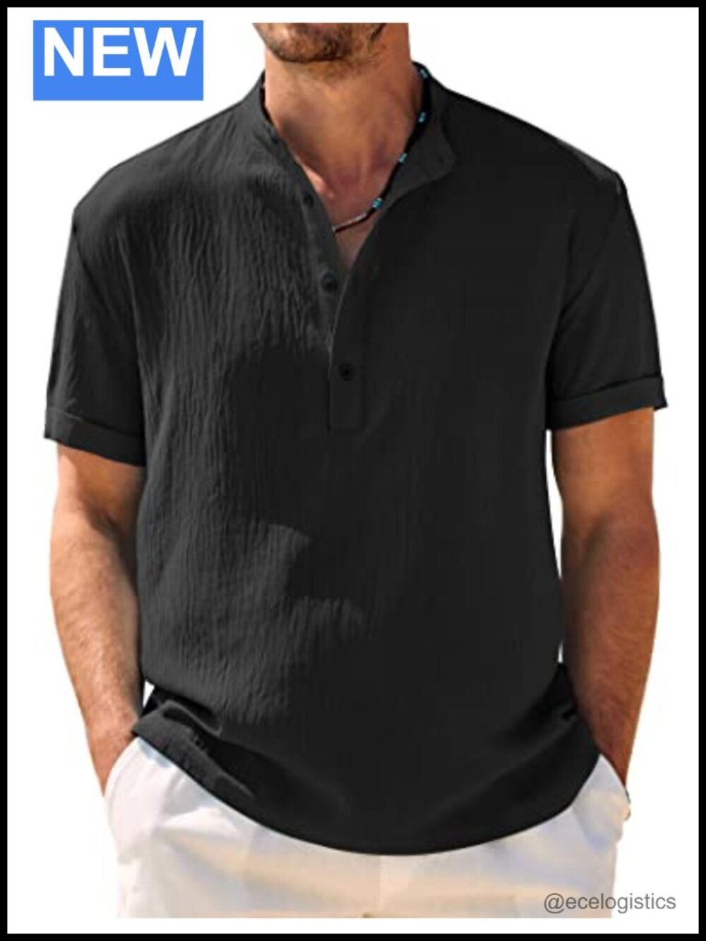 Men's Casual Henley Shirt Band Collar Short Sleeve Summer Beach T-Shirt